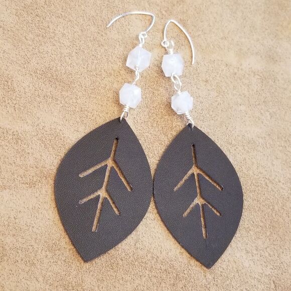 Handmade Dangle Leather Bead Leaf Earrings - Picture 1 of 5